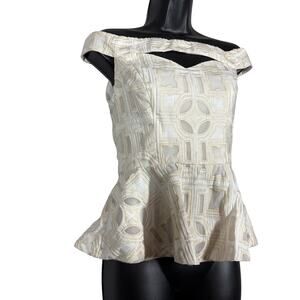 Nicole Miller Artelier Embroidered Fitted Top Ruffle Off Shoulder - S